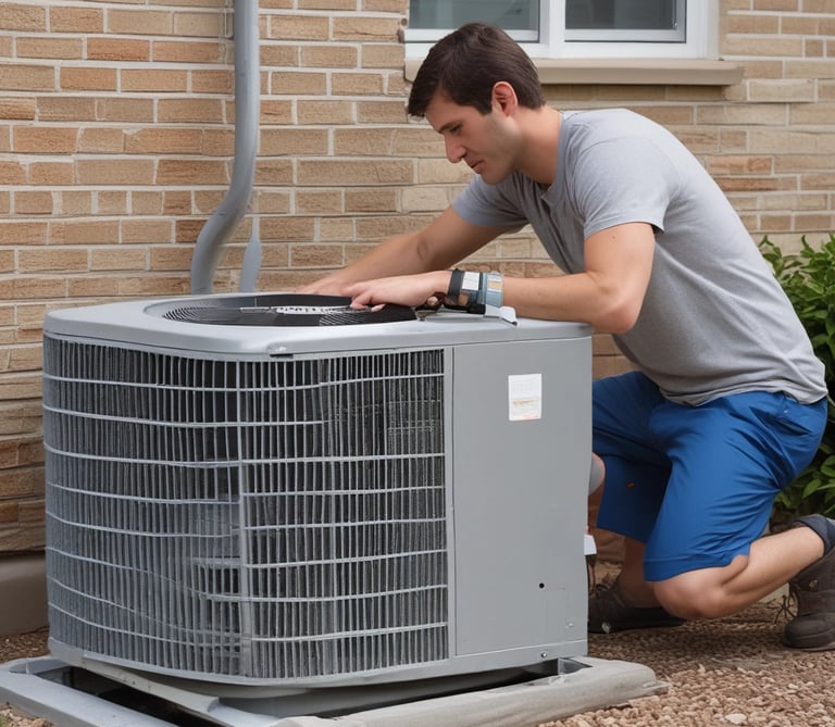 A series of air conditioning units are mounted on a metal structure outside a building with white paneling. Two large windows are visible behind the units, revealing the indoors with fluorescent lighting.