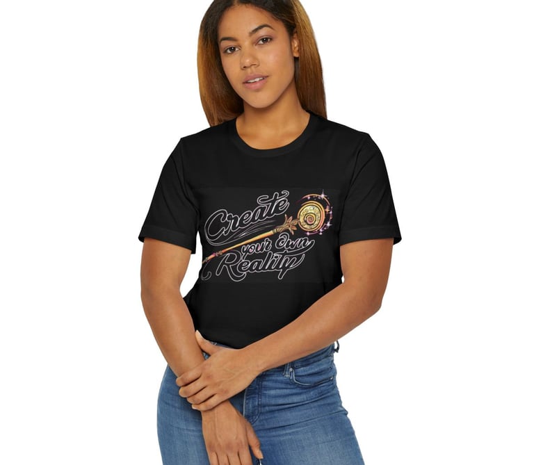black t-shirt with empowering manifesting message, create your own reality