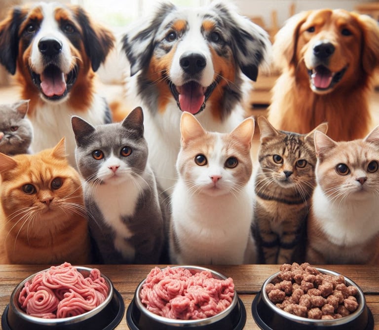 a group of cats and dogs are sitting in front of a table