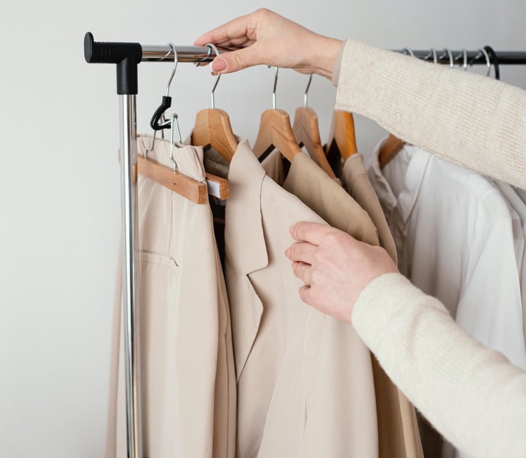 Een persoon die een kledingrek en een blazer vasthoudt vertegenwoordigt de garderobeplanningsservice