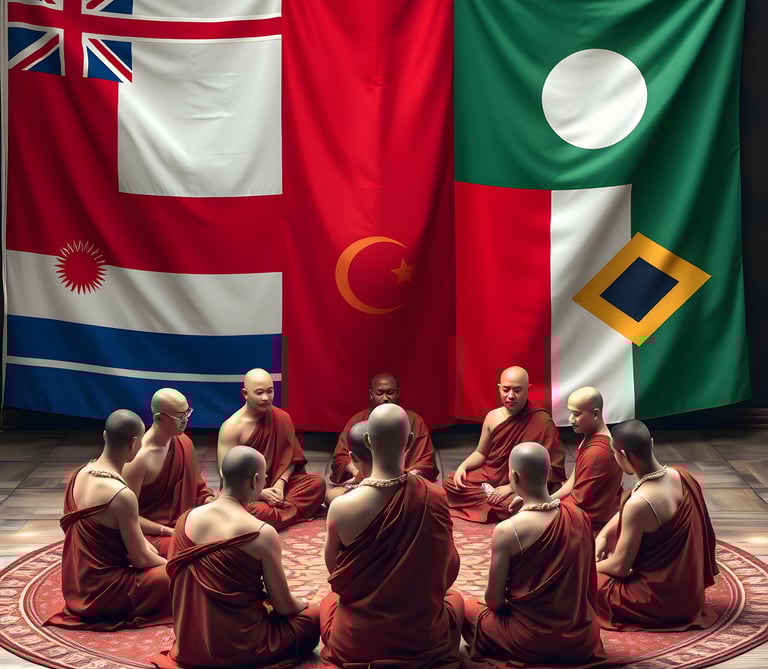 Monks with world flags