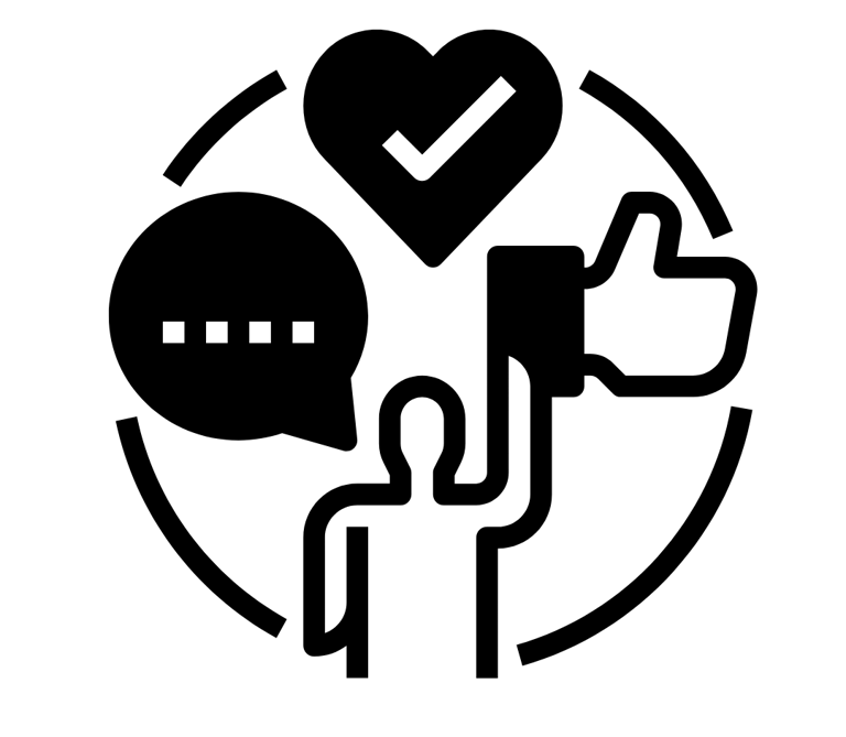 Homem com ícones de 'ok', concordância e comunicação, simbolizando decisões estratégicas.