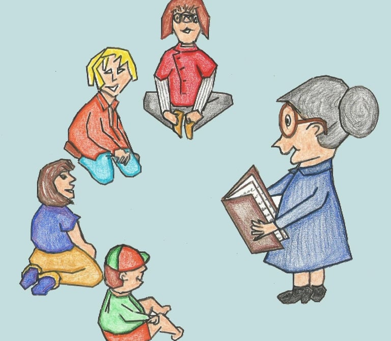 cartoon image of woman reading to kids