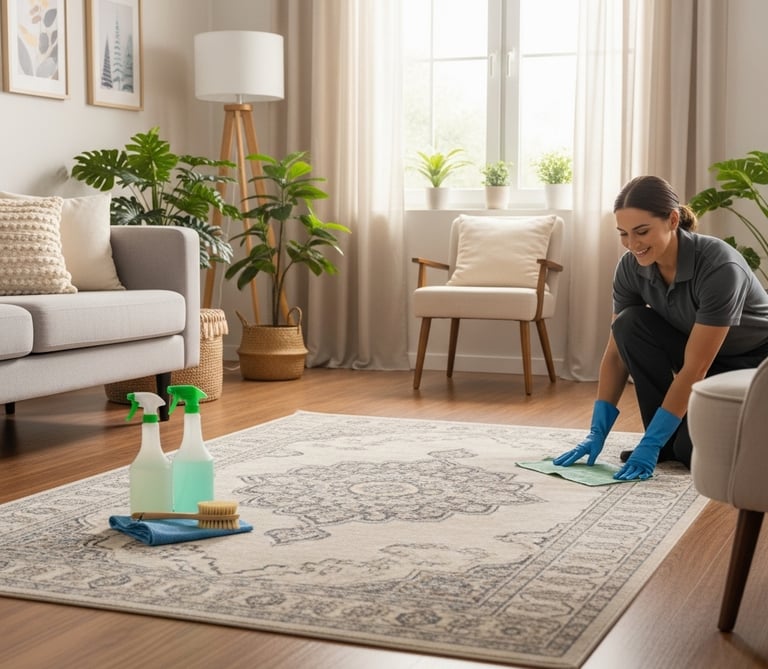 Professional carpet cleaning technician gently hand-cleaning a Persian area rug with eco-friendly pr