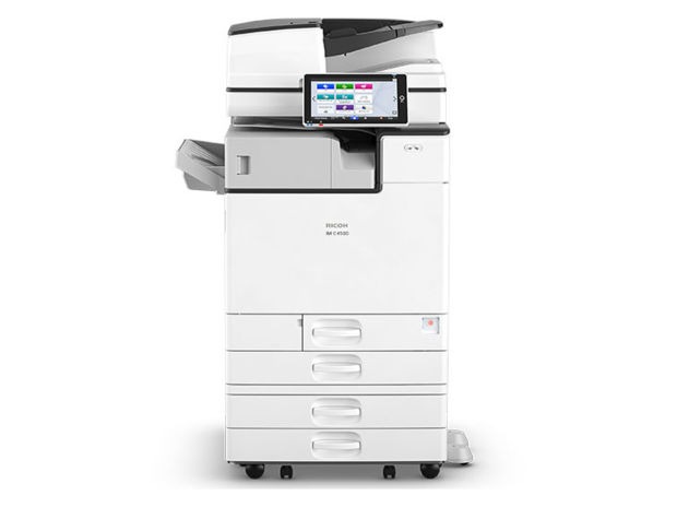 Ricoh IM C4500 color laser multifunction printer with touchscreen display and paper trays.
