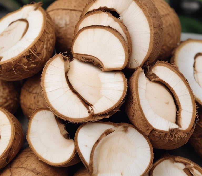 Sun-dried copra pieces spread out under bright sunlight on a rustic mat.