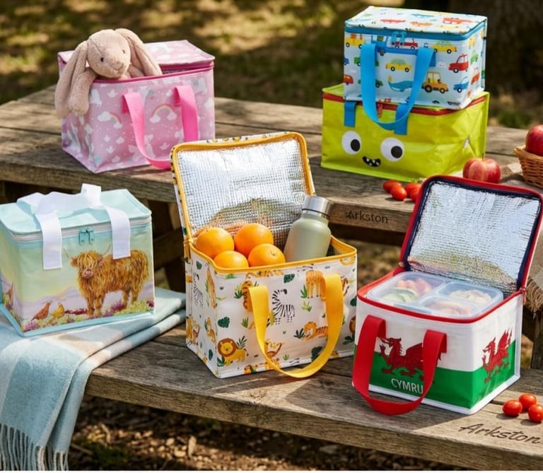 Insulated lunch bags with colorful animal and themed prints on a wooden picnic table.