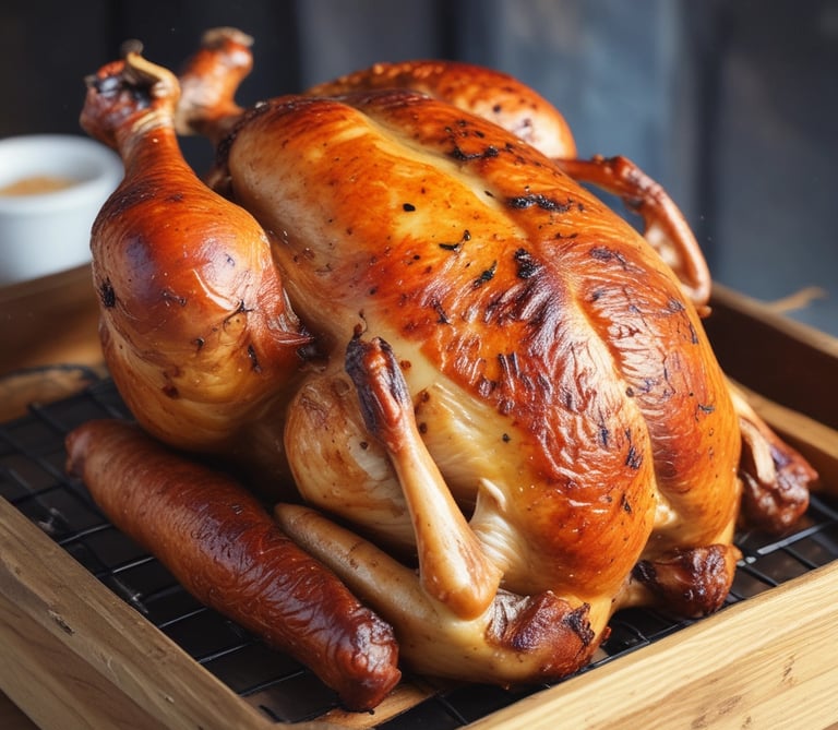 Cuts of fresh meat resting on a wooden butcher block.