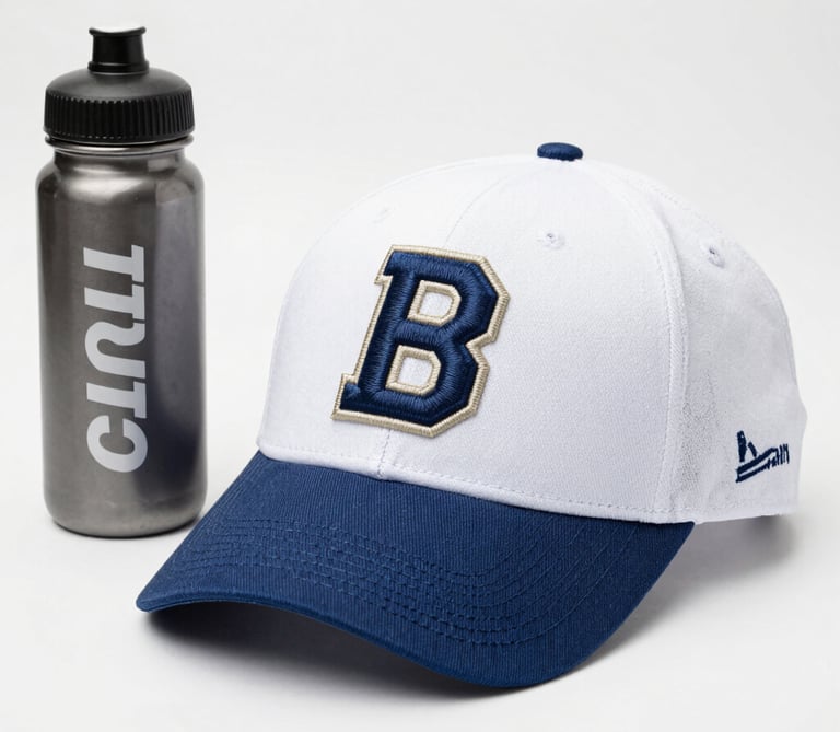 A display of custom hats lined up on a table at a bustling tournament event.