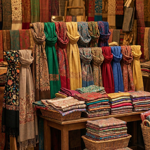 Lenços de pashmina e cashmere tecidos à mão, com padrões tradicionais, expostos em uma loja.