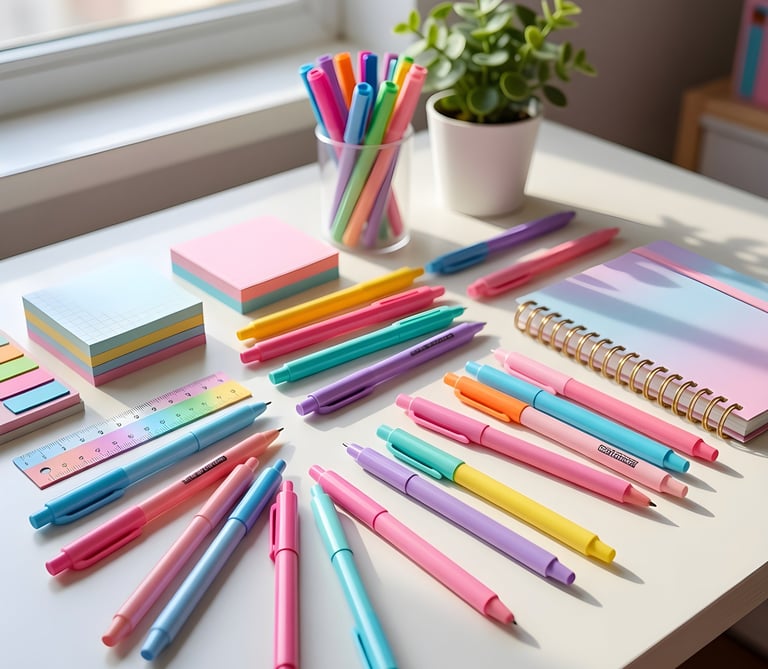Organized desk setup featuring a rainbow of aesthetic pens and highlighters in a glass jar
