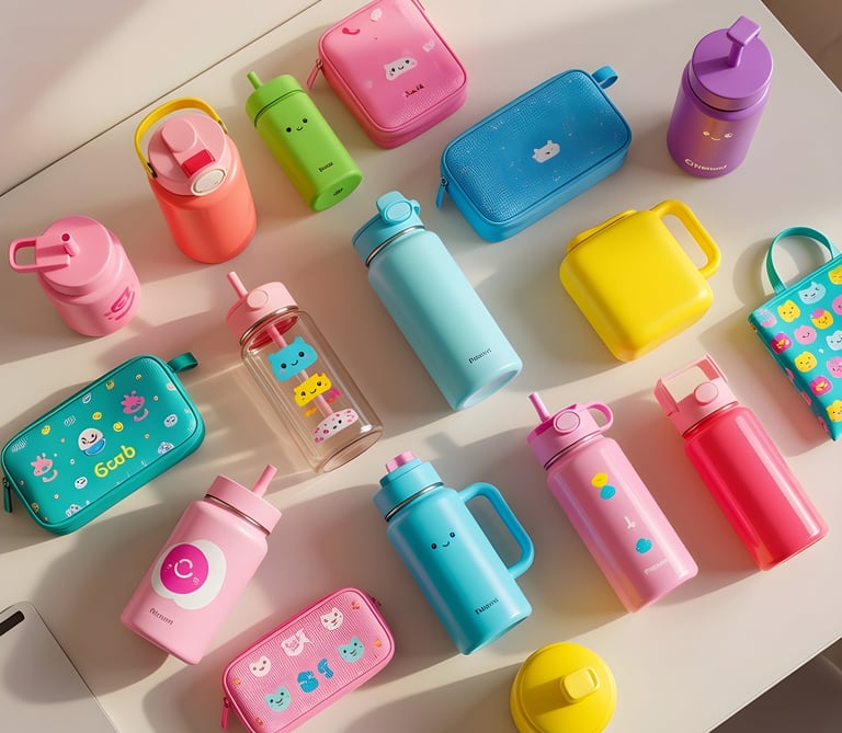 Top-down view of colorful 'Fun Accessories' like mini water bottles and pouches in vibrant pop colors