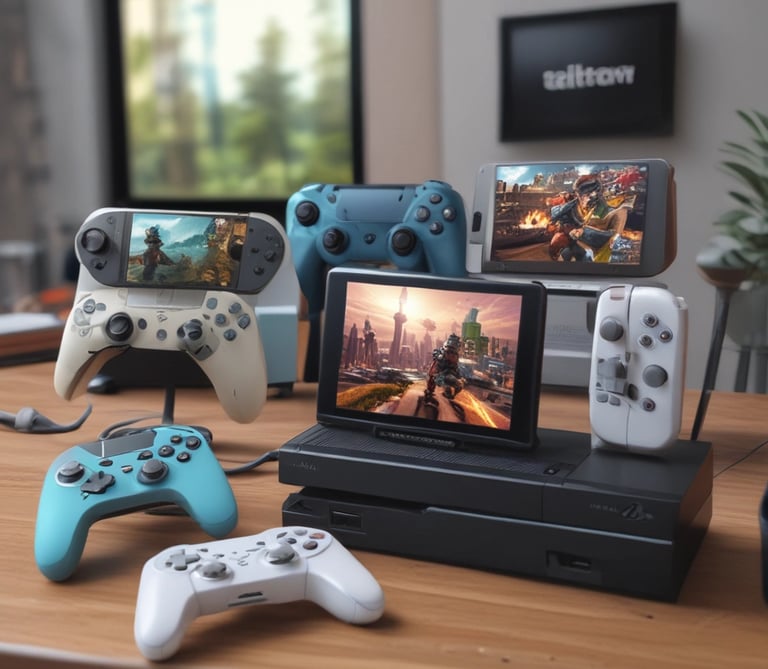 A variety of colorful gaming consoles and controllers arranged neatly