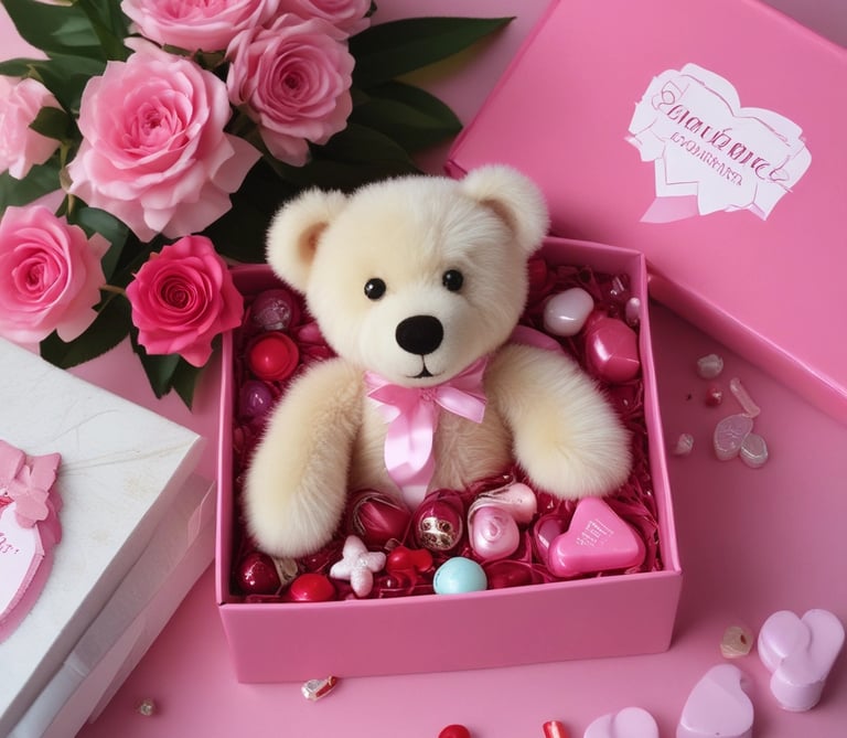 An elegant display of assorted love-themed gifts.