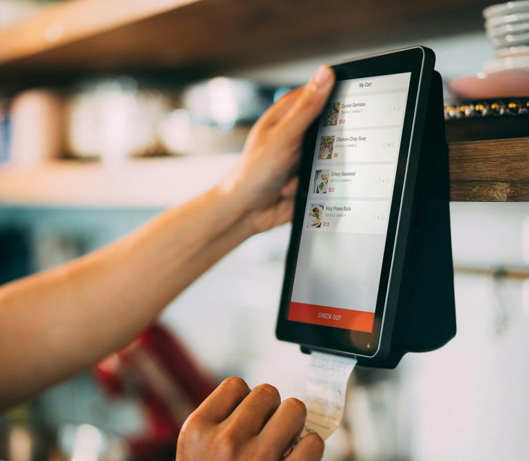 A person using a digital tablet POS system to checkout a food order in a modern cafe.