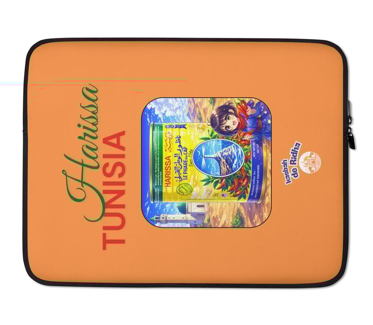 Orange Harissa Tunisia laptop sleeve featuring vintage style chili pepper can art and anime character.