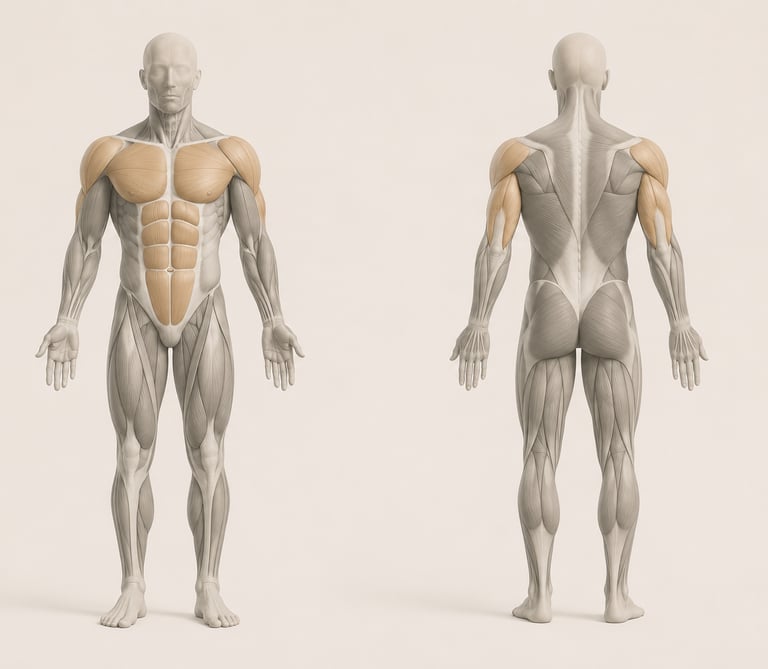 Diagramme anatomique du corps humain mettant en évidence les muscles travaillés par la Chest Press