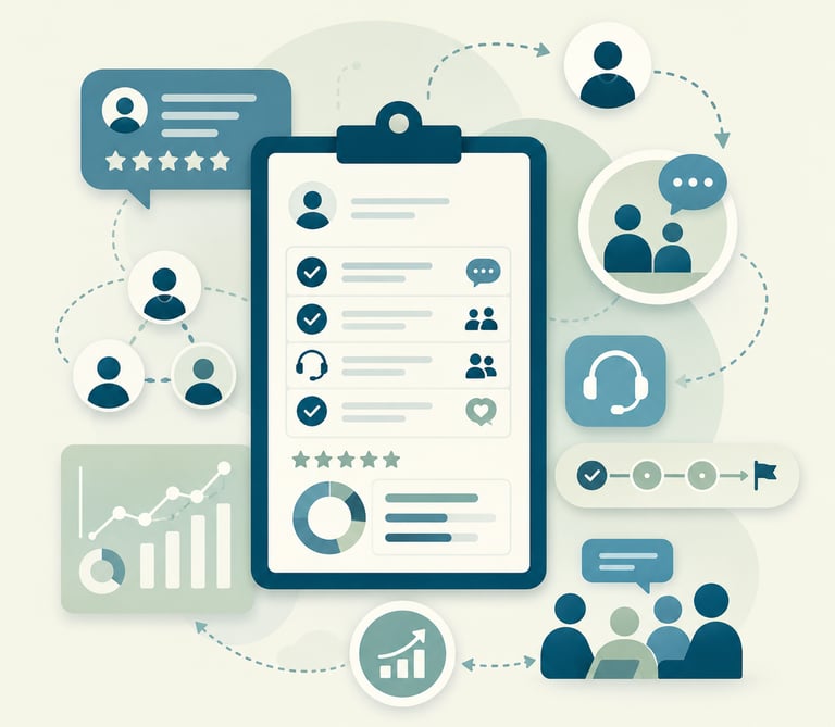 Customer relationship management CRM dashboard showing data analytics, customer reviews, and support icons.