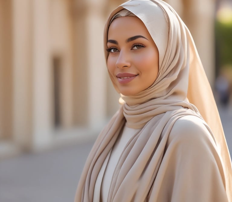 Men’s and women’s modest clothing displayed on mannequins with warm lighting.