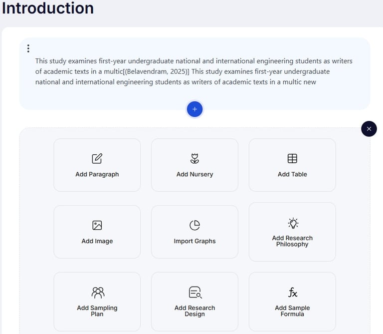 User interface showing an academic writing tool with options to add paragraphs, tables, and research graphs.