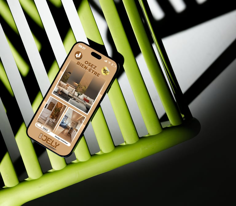 Smartphone affichant un site web et le logo d'un décorateur d'intérieur posée sur une chaise