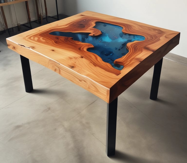 A unique decorative object made from a combination of wood and resin, illuminated with soft blue light. The resin segment mimics a watery scene with embedded figures that resemble divers or swimmers, creating an underwater effect. The natural grain and texture of the wood contrast strikingly with the translucent blue resin. Positioned on a wooden base, the piece exudes a modern and artistic vibe.