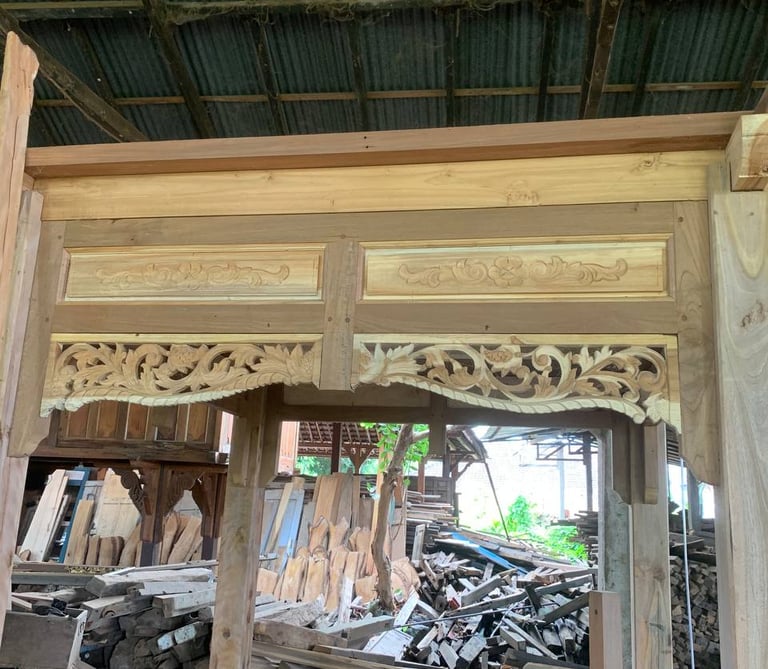 Restoration process of antique Joglo structure preserving original teak wood while preparing for modern installation