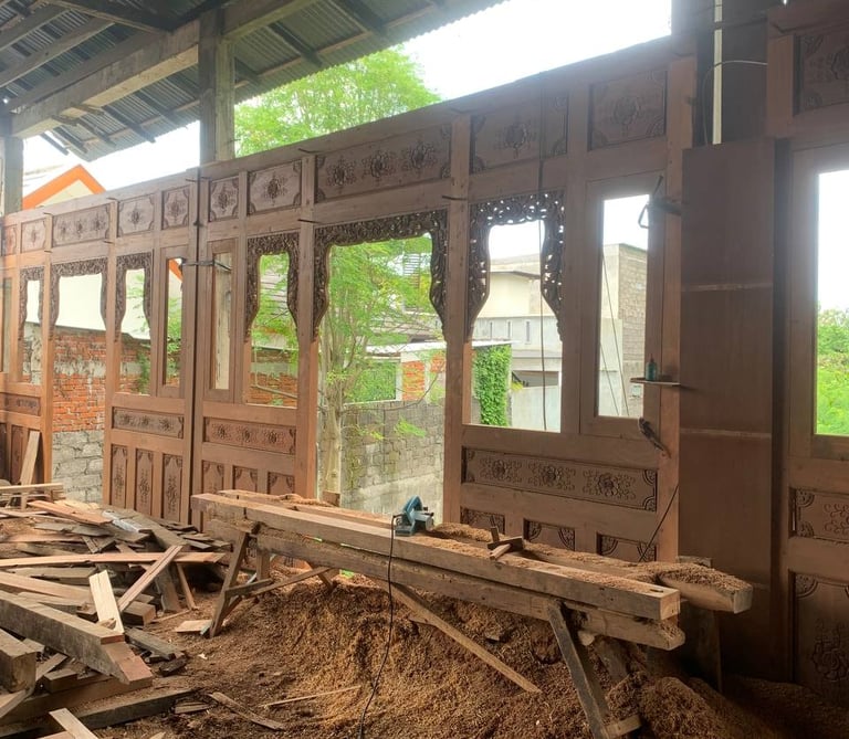 Traditional Joglo frame construction using solid antique teak beams prepared for international export projects