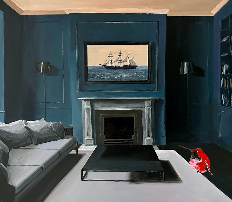 Peinture surréaliste en acrylique représentant une scène urbaine