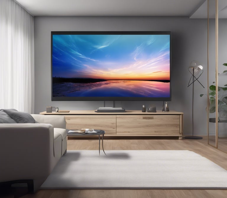 a living room with a flat screen tv and speakers