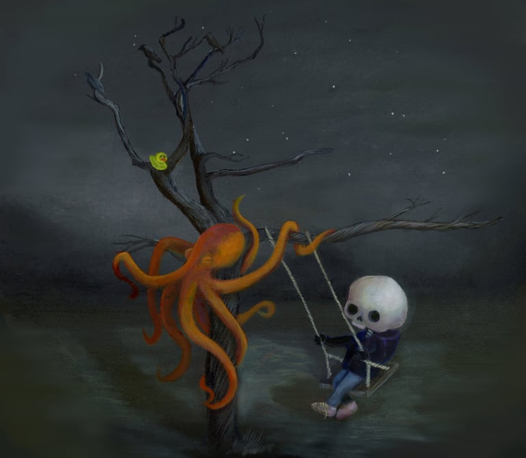 a skeleton skeleton in a swing set