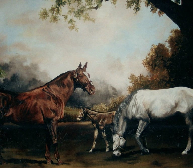 a painting of a horses in a wooded area