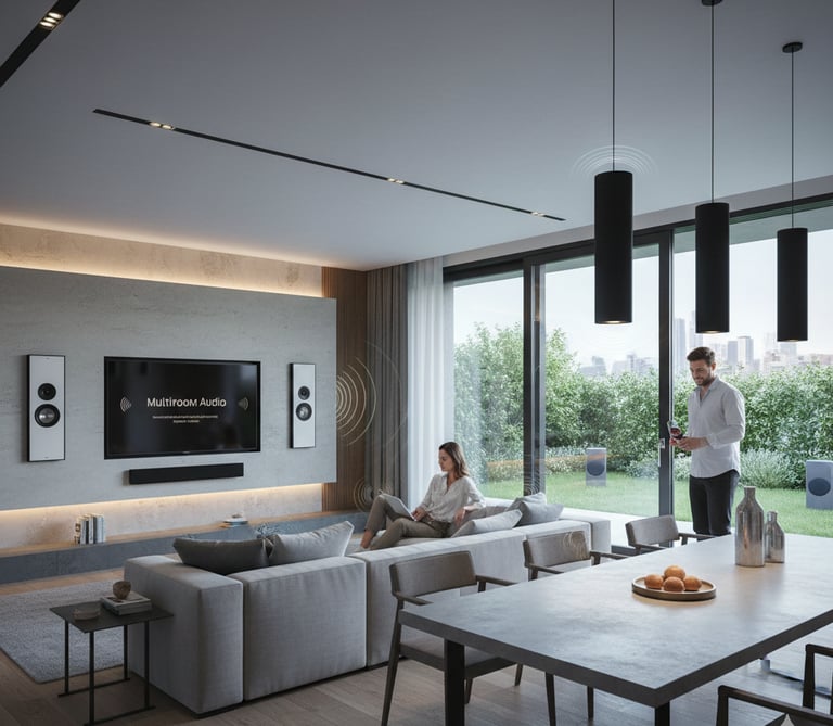 Wall-mounted TV and audio-visual installation in a Manchester living room with hidden cables.