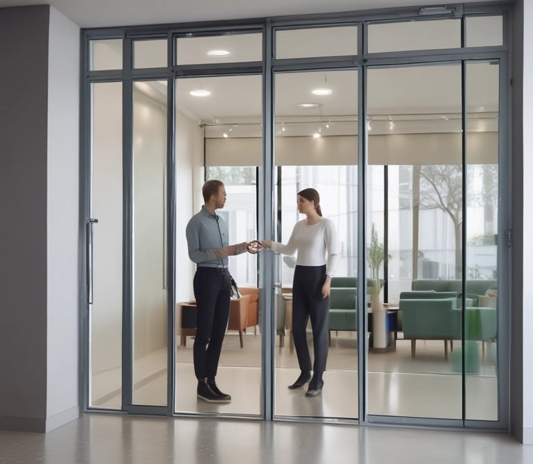 Modern architecture with glass and metal facades. The building features sleek lines and reflective surfaces, creating a contemporary urban aesthetic.