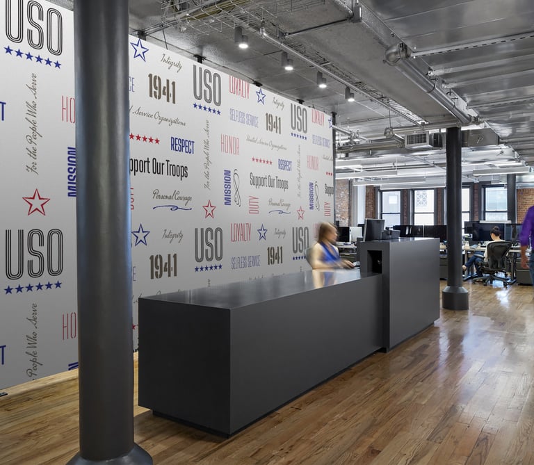 Office backdrop with custom wall design