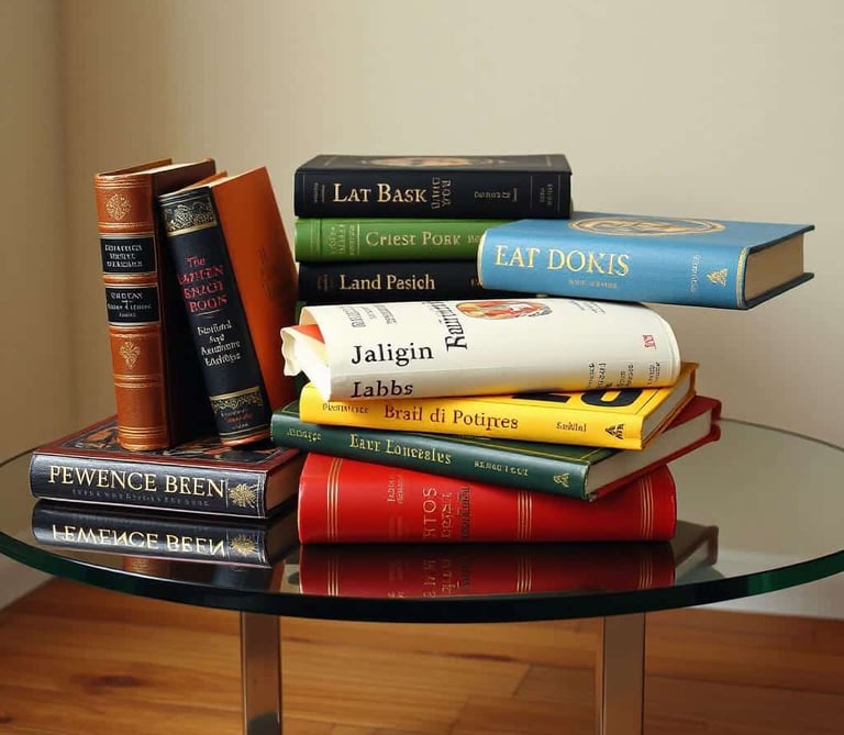 a glass table with books on it.