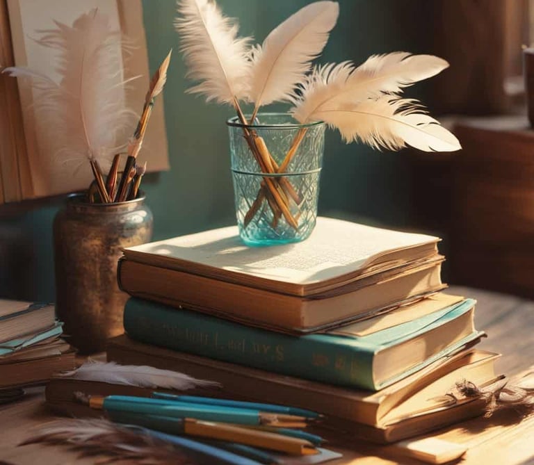 desk with feather pens in glass on top of books.
