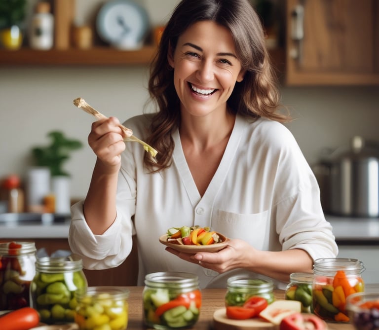 A close-up of a jar filled with a variety of pickled vegetables immersed in liquid. Visible vegetables include a slice of carrot, a piece of cauliflower, and segments of bell pepper. The colors are vibrant and the jar is glass, showcasing the contents clearly.