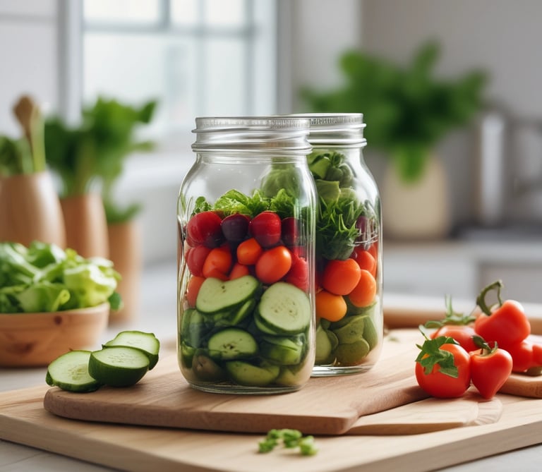 A glass jar filled with vibrant pickled vegetables, including sliced beets and a small yellow vegetable, immersed in a deep pink liquid. The jar is sealed with a metal clasp and sits on a dark surface.