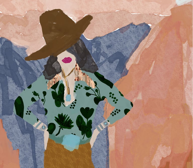 painterly illustration of a cowgirl in Marfa wearing a wide-brimmed hat, turquoise jewelry with pastel mountains behind her