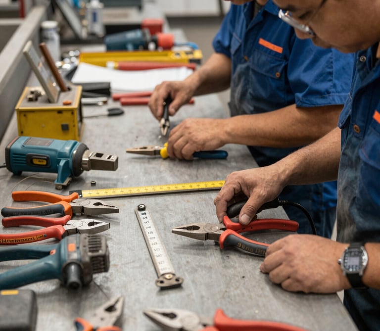 A variety of hand tools neatly arranged on a wooden surface.