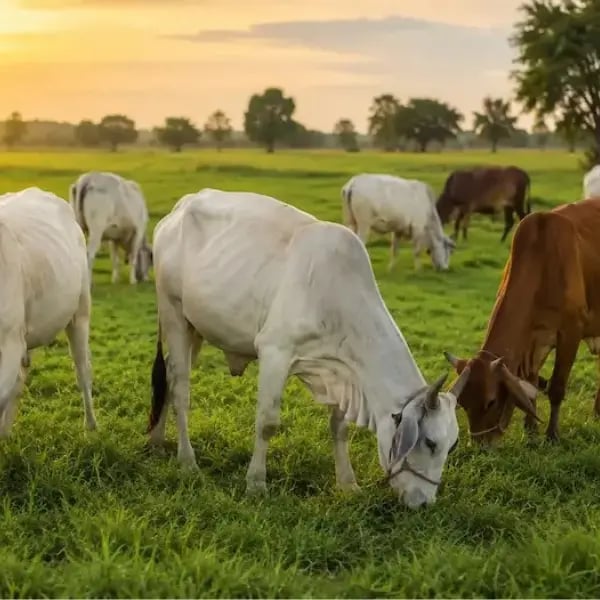 White and brown cows grazing in a lush green pasture field during a golden sunset.