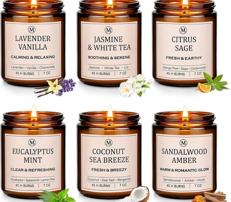6-Pack Scented Soy Candle Set – Lavender Vanilla, Eucalyptus, Sandalwood, Jasmine & White Tea, Cocon