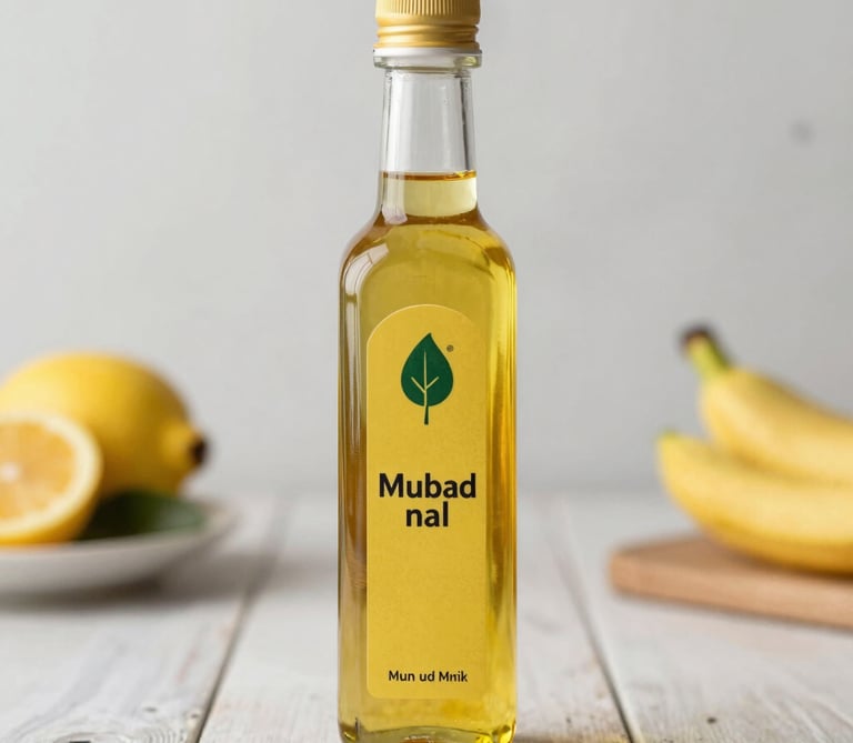 A clear glass bottle filled with rich, amber-colored mustard oil surrounded by fresh mustard flowers.