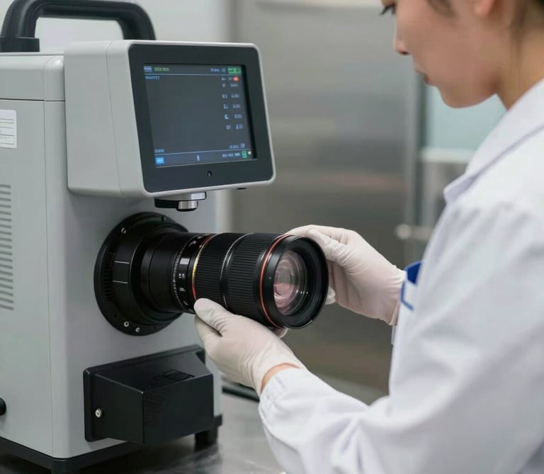 Close-up of a professional in a clean white uniform operating high-tech sanitization equipment, cold bright lighting, clean steel backgrounds