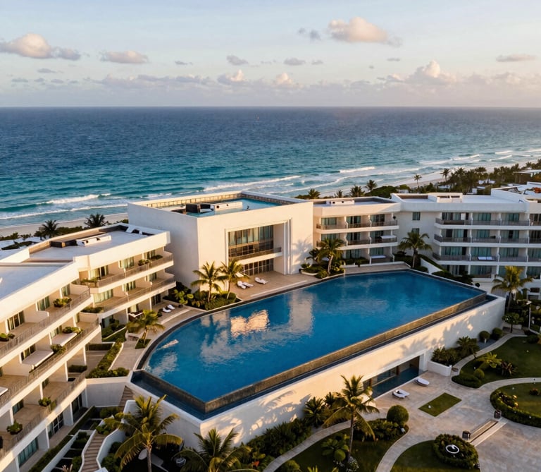 Dramatic architectural wide-angle drone shot of a luxury Riviera Maya resort at golden hour, warm light reflecting off infinity pools, pristine ocean in the background, clean composition.