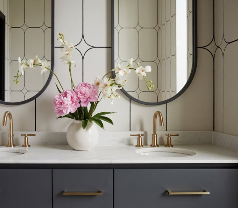 a bathroom with two sinks and two mirrors