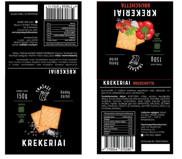 labels for crackers, black background and yellow illustrations 