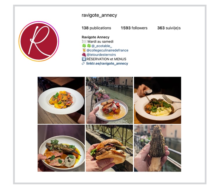 Aperçu de la page Instagram du restaurant ravigote avec 6 photographie de plats