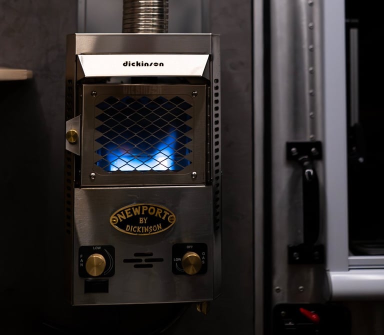Dickinson propane heater mounted inside a Kimbo Camper.